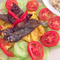 Fried newlook (dried fish) and scrambled egg with sliced tomato and cucumber|Bicol Delicacyさん