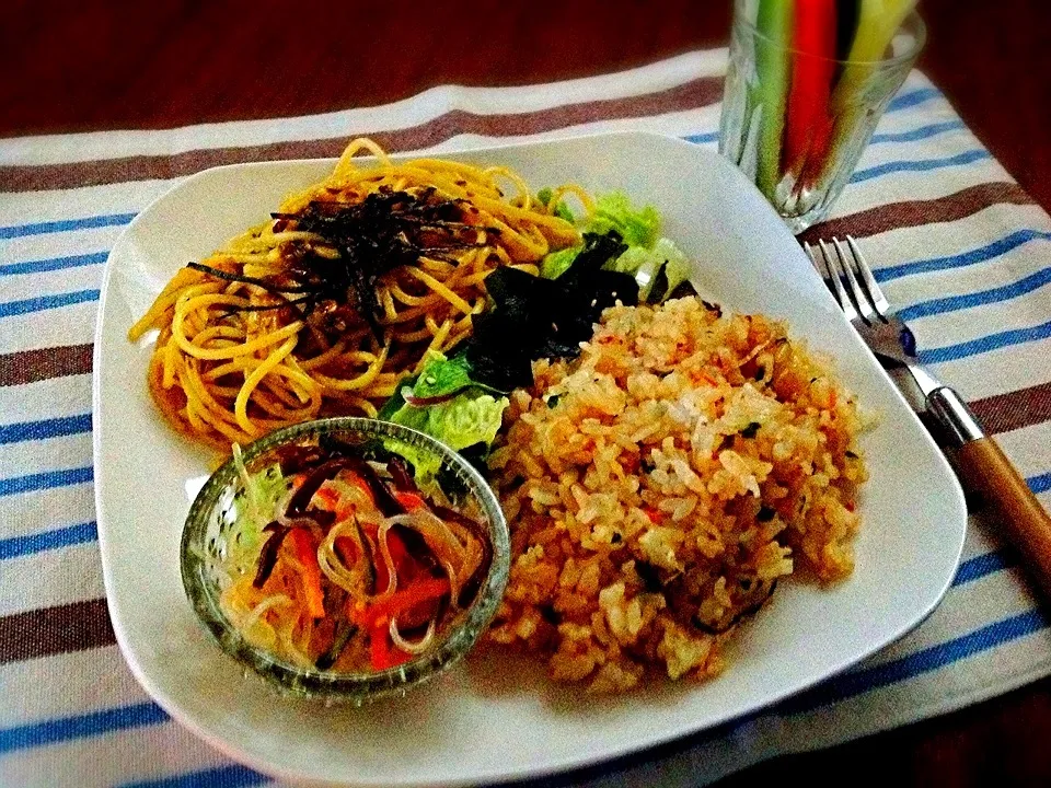 高菜パスタ高菜チャーハン スティ ックサラダ 春雨サラダ|青りんごさん