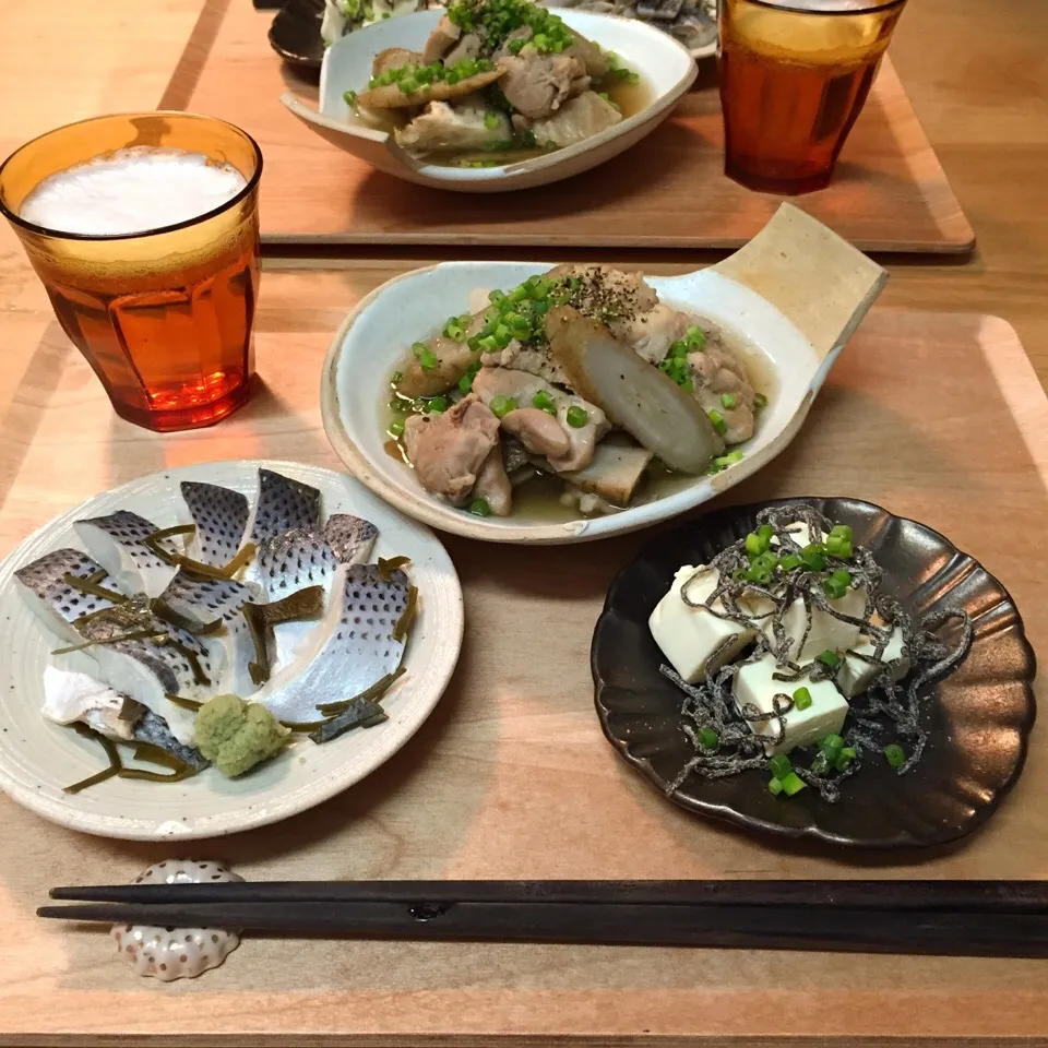 お家居酒屋。小肌、クリチ、鶏肉と新ごぼうの煮物|maruruさん