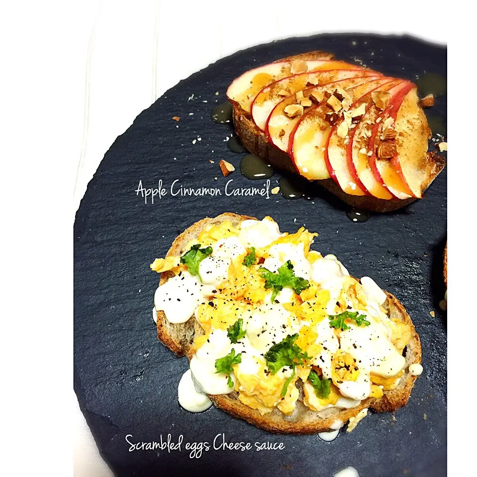 Apple Cinnamon Carmal sauce / Scrambled eggs Cheese sauce Open Sandwiches 🌞🌞🌞|welcomeizumiさん