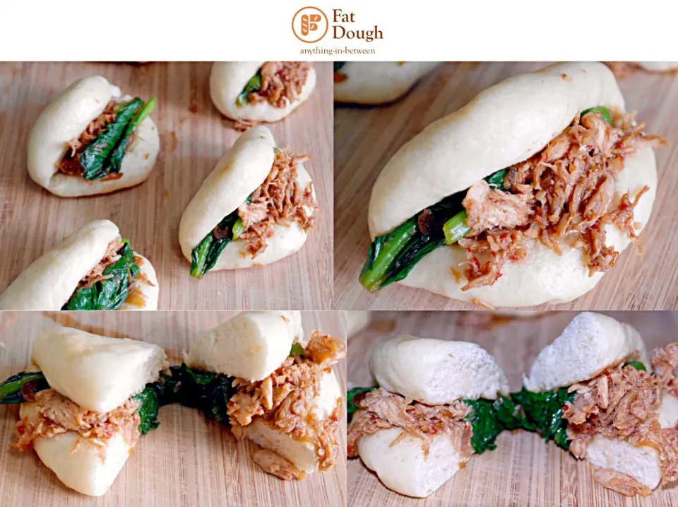 Snapdishの料理写真:Chinese BBQ (Char Siu) Pulled Chicken + Cai Xin with Fold-Over Bao #Chinese New Year|Daniel Limさん