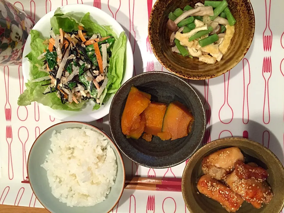 カボチャの甘煮、鶏むねごま照り焼き|みつほさん