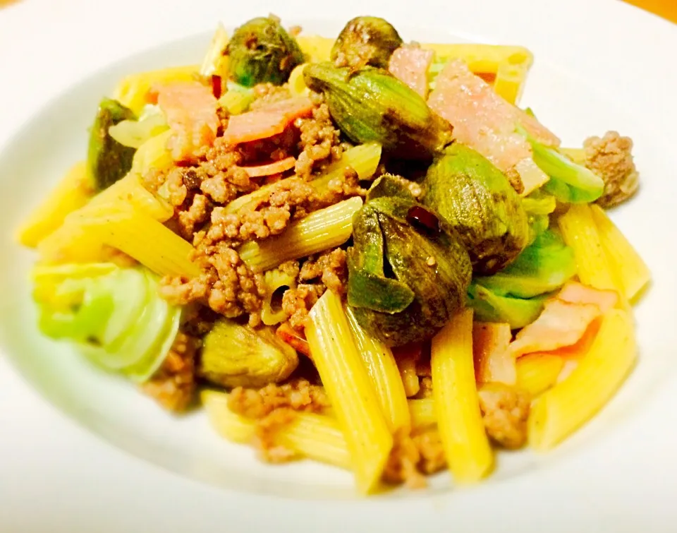 Butterbur sprout,ground meat&cabbage penne|Masakiさん