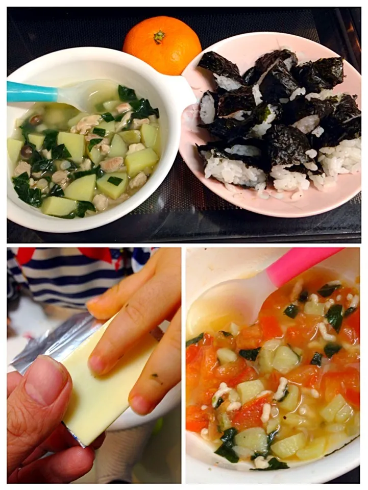 150219離乳食229日目夕／味付海苔巻き＆新じゃがとほうれん草鶏挽肉のトマトコンソメスープ粉チーズがけ＆ベビーチーズ＆みかん小2つ|ponnaoさん