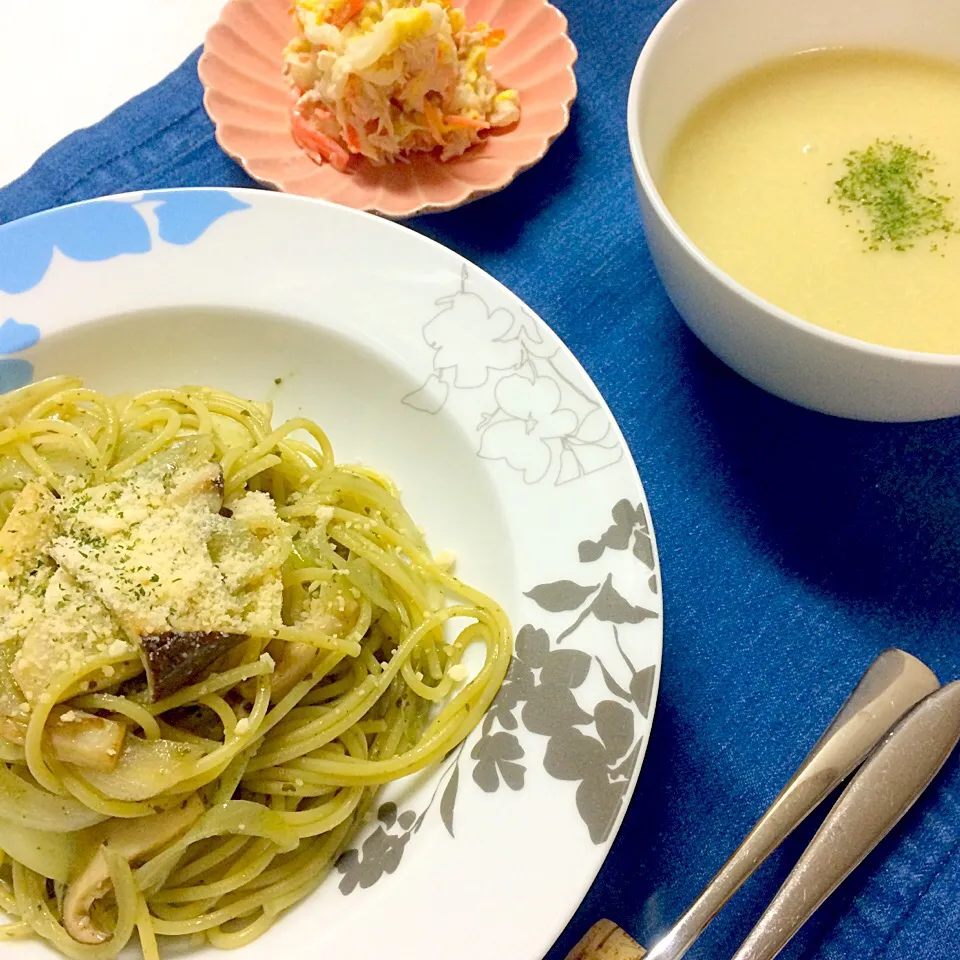 ＊旦那さんの晩御飯＊バジルパスタ・白菜のコールスロー・昨日の残りのポタージュ|髙榮 杏奈さん