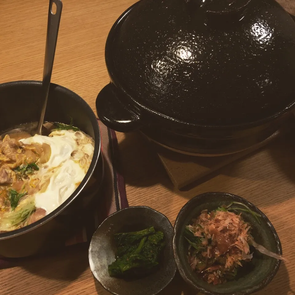 親子丼、水菜ポン酢、菜の花お浸し|popoさん