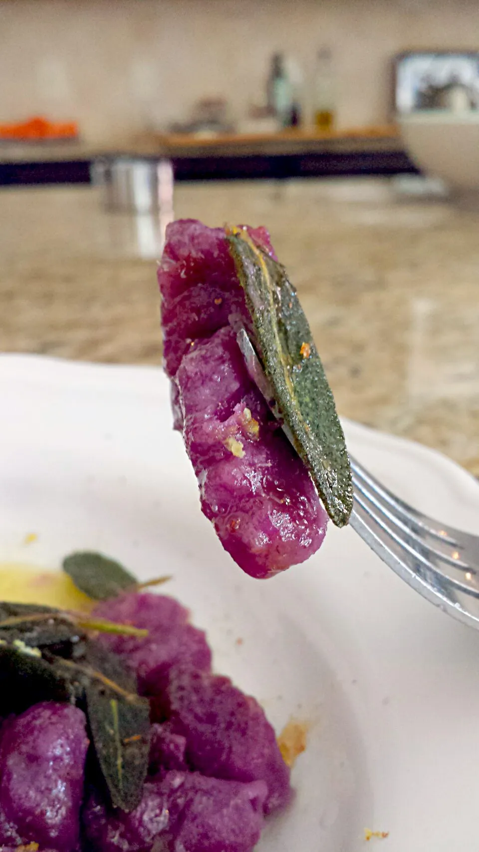 Snapdishの料理写真:One bite says it all. Vegan Gluten free Japanese Purple Sweet Potato Gnocchi with maple candied sage leaves Nutmeg and lemon zest. .|lisaさん