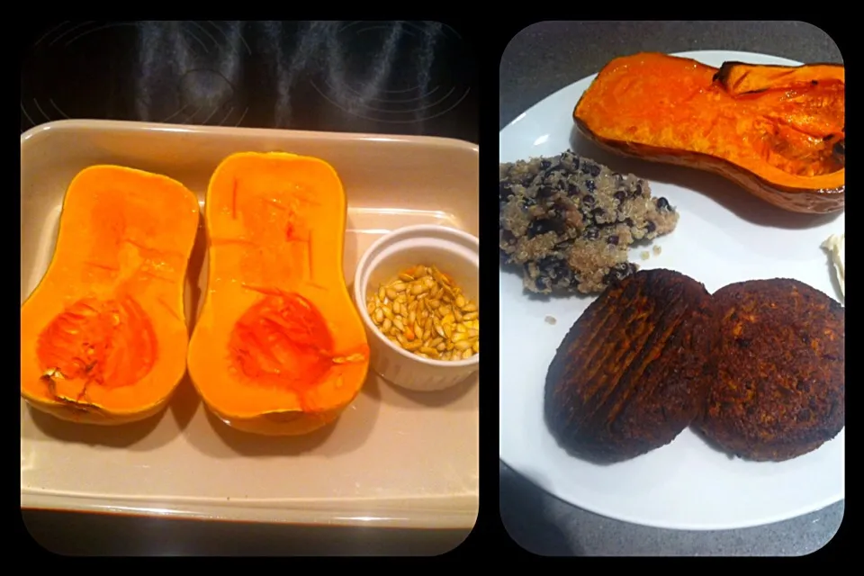 Vegetarian dinner - butternut squash, Moroccan burgers with quinoa and black beans snd roasted squash seeds!|🍓Jolejo🍓さん