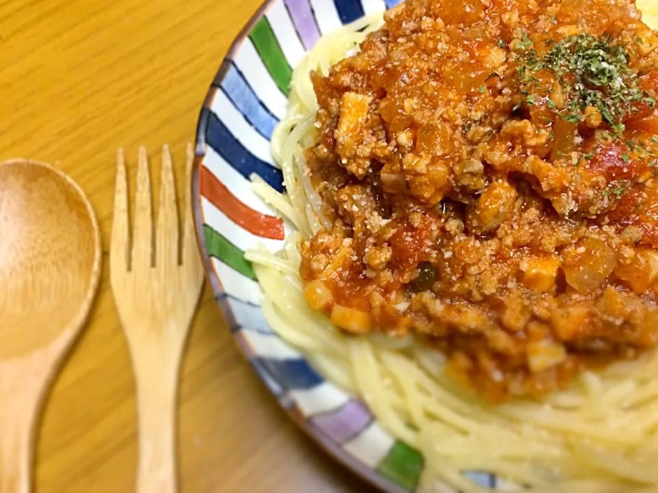 Snapdishの料理写真:豚肉でミートスパゲティ|りょうこさん