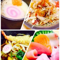 Snapdishの料理写真:刺身魚のチェック、鍋焼きうどん、たこ焼き、茶碗蒸しです〜‼️|sugimotokazuhitoさん