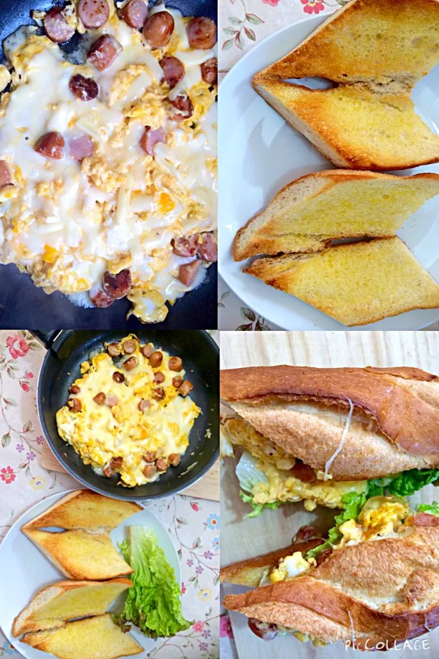 Super easy cheesy scrambled egg with sausage sandwich for breakfast in relaxing weekends!|Babyluv Cabrera Ocampoさん