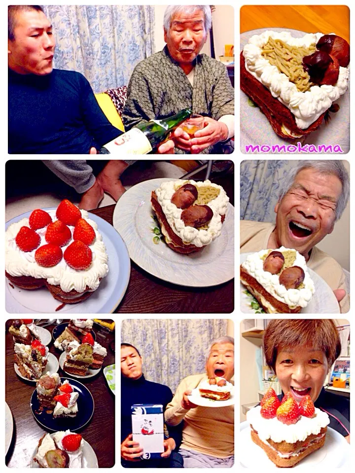 かまさんの栗と渋皮煮でモンブランケーキ🌰イチゴのケーキ🍓|ももさん