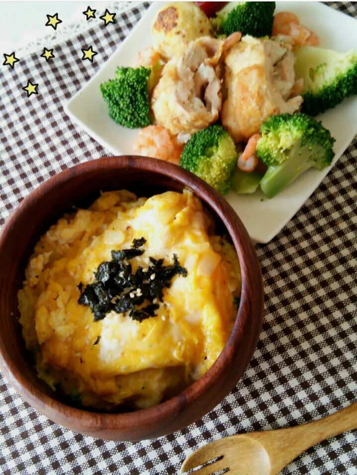 ふわとろ卵丼と鶏もも肉のポテト挟み|甘党さん