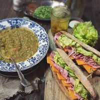 Ham and cheddar sandwich with homemade piccalilli,split pea soup