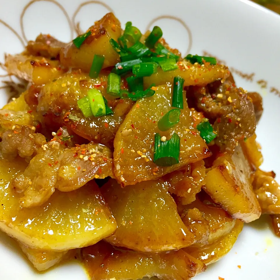 豚コマ大根のカレー味の甘辛炒め|カウンター嬢さん