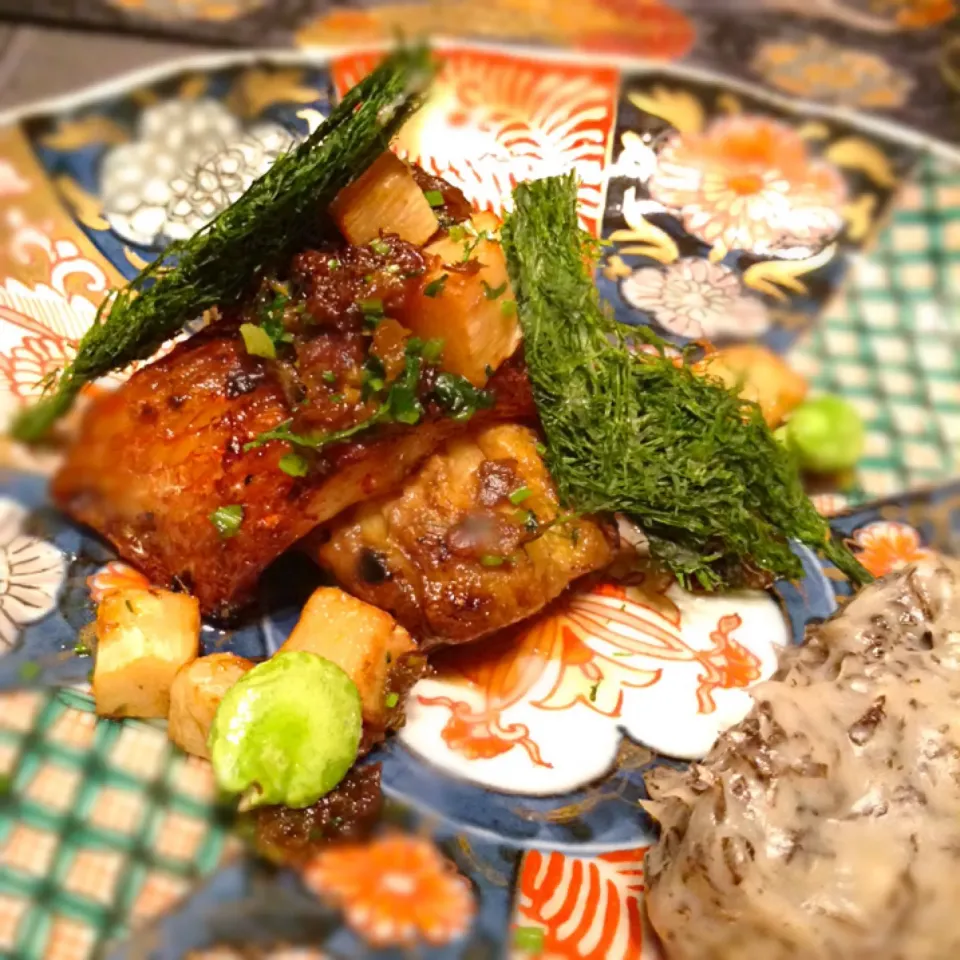 きんき、焼きナス、ふきのとう醤油焼き、海老芋と黒トリュフ|myskkさん