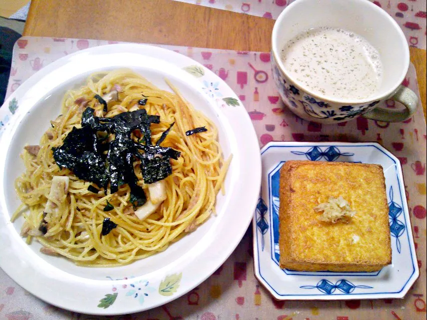 ２月20日 ツナとエリンギのバター醤油パスタ 厚揚げ豆腐 かぼちゃの残り汁スープ|いもこ。さん