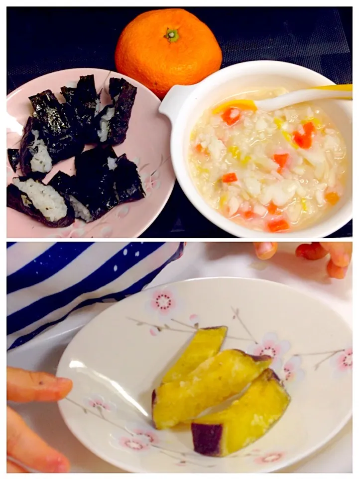 150222離乳食232日目昼／味付海苔巻き＆鱈と白菜と人参の鍋風雑炊＆みかん＆さつまいもスティック|ponnaoさん