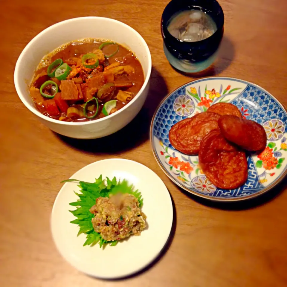 焼酎のおつまみ(もつ煮込み、手作りさつま揚げ、アジのなめろう)|ユウさん