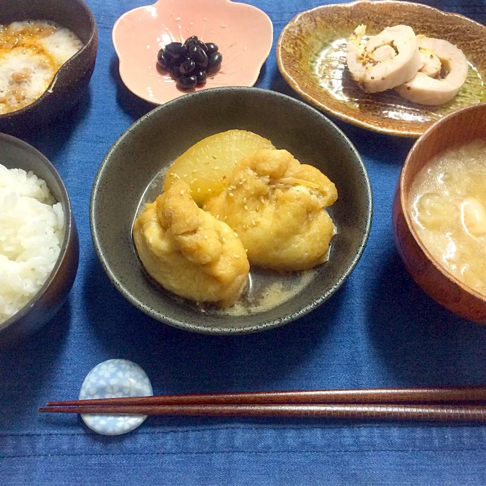 ＊旦那さんの晩御飯＊冷凍卵の袋包み・ワンタンスープ・黒豆・とろろ納豆・鳥ハムマスタード巻き|髙榮 杏奈さん