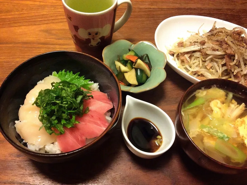 プチ海鮮丼、もやしとチャーシュー炒め、ねぎ卵とじのお吸い物 2015.2.22|キラ姫さん