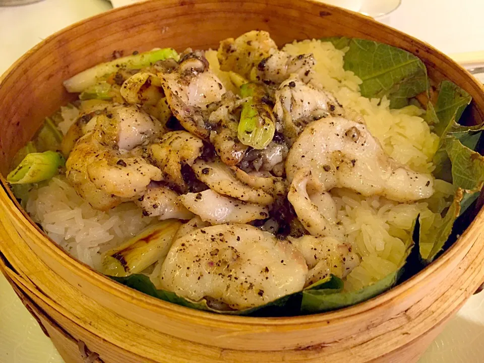 Steamed fish fillets & glutinous rice with black truffle|Sky Blueさん