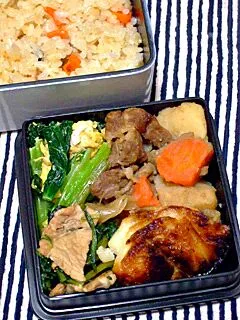 お弁当（炊き込みご飯、肉じゃが、小松菜の卵炒め、豚肉とピーマンの生姜炒め、焼き魚（むつ））|すーさん