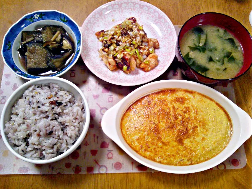 ２月２2日 鶏のねぎだれがけ 山芋のふわふわ焼き なすのおひたし お味噌汁|いもこ。さん