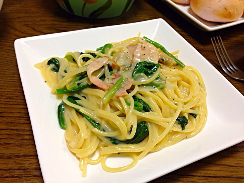 Snapdishの料理写真:Today's dinner ' ベーコンとほうれん草のカルボナーラ☆♪|viviさん