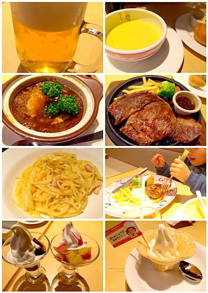 Today's Dinner🍴ｽｰﾌﾟ(ｺｰﾝﾎﾟﾀｰｼﾞｭ･ｵﾆｸﾞﾗ)･ｶﾙﾎﾞﾅｰﾗ･ﾋﾞｰﾌｽﾃｰｷ･お子様ﾗﾝﾁ<ﾃﾞﾐｵﾑﾗｲｽ･ﾊﾝﾊﾞｰｸﾞ&ｸﾞﾗﾀﾝ(写真無)･ﾃﾞｻﾞｰﾄ🍦@不二家|🌈Ami🍻さん