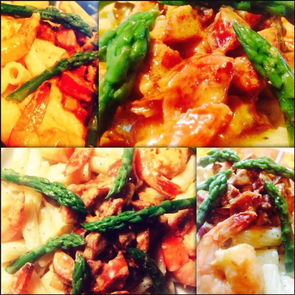 I made a sweet cooking sautéed shrimps with chopping chorizo penna and sautéed asparagus ...|Brent Baisdenさん