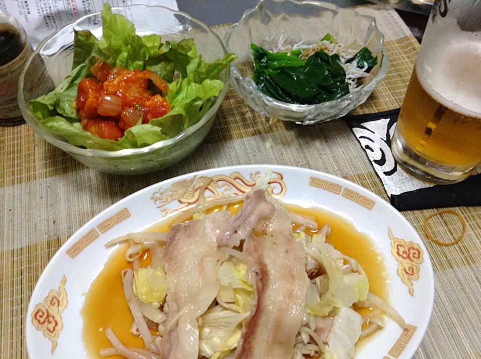 ほうれん草のおひたし＆海老とイカのチリソース＆豚肉と野菜の蒸しもの|まぐろさん