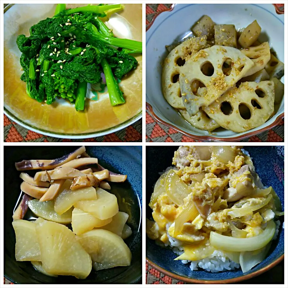 今日の晩ご飯
・蓮根と蒟蒻のきんぴら風炒め
・菜の花のおひたし
・大根とイカの煮物
・親子丼
・味噌汁|Azusaさん