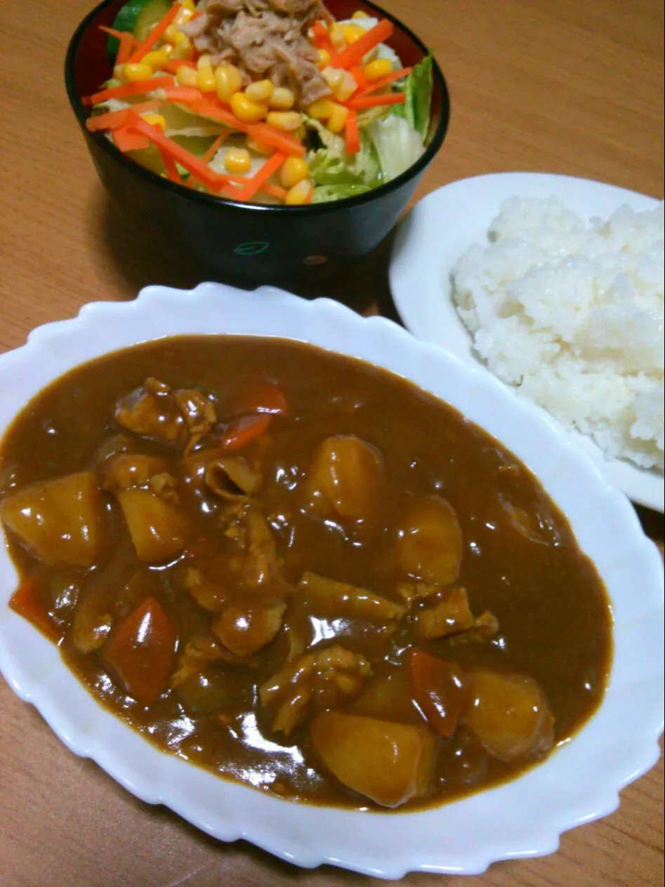 カレーライスとサラダ|かにゃさん