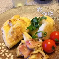 Snapdishの料理写真:納豆の狐焼き、山芋のほっこり焼き、白しめじとベーコン炒め|mintさん