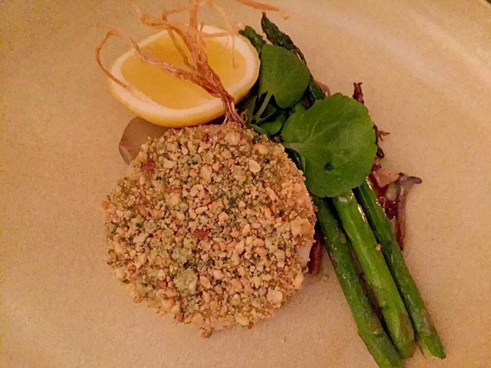 Cashew crusted polenta fondant grilled vegetables parsley mushrooms confit shallot|bruce glazerさん