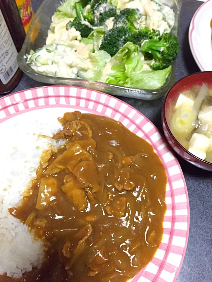 Snapdishの料理写真:カレーライス、豆腐ネギ味噌汁、ポテサラブロッコリーレタスサラダ|ms903さん