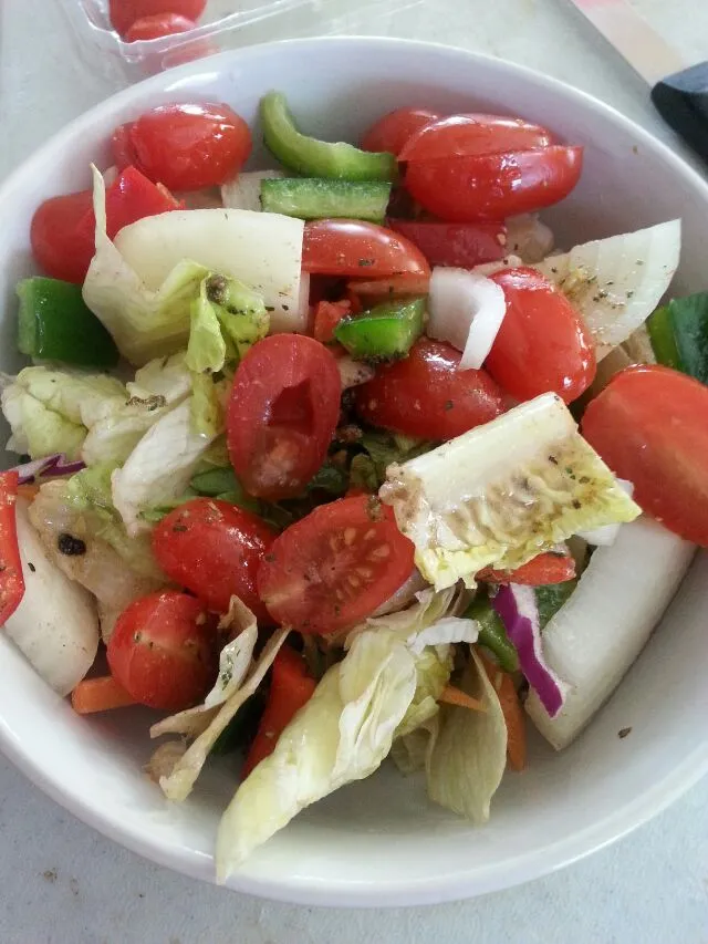 Snapdishの料理写真:today's salad.  lettuce,onion,  red and green bells, tomato,  Apple cider vinegar basil oil, and lemon oil.|Polly Gelfusoさん