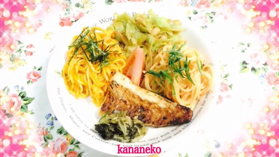 今夜の夕食！ 野菜炒め&かれいのみりん漬け&高菜の漬け物&スパゲッティo(^▽^)o    (2015.02.26,19:24)|かなさん