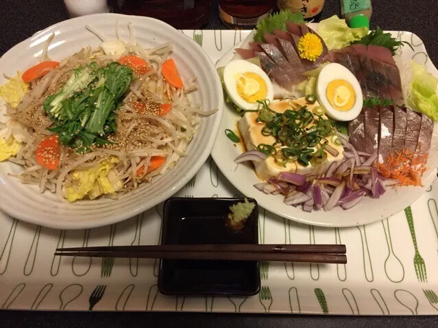 もやしの野菜炒め、ワカナのお刺身、冷奴、レタス、スライス玉ねぎ、ゆで卵❗️꒰*✪௰✪ૢ꒱✨|サソリさん