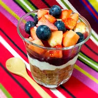 Breakfast - chocolate banana overnight oats with Greek yogurt, mix berry chia jam and fruits