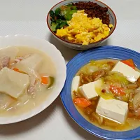 三色丼、なめこと豆腐のとろとろ煮、カブスープ|tomoさん