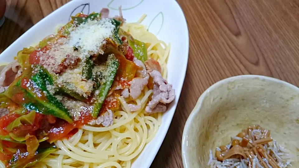 ・豚肉とキャベツのトマトスパゲティ
・しらすとなめたけの和え物|ようかんさん