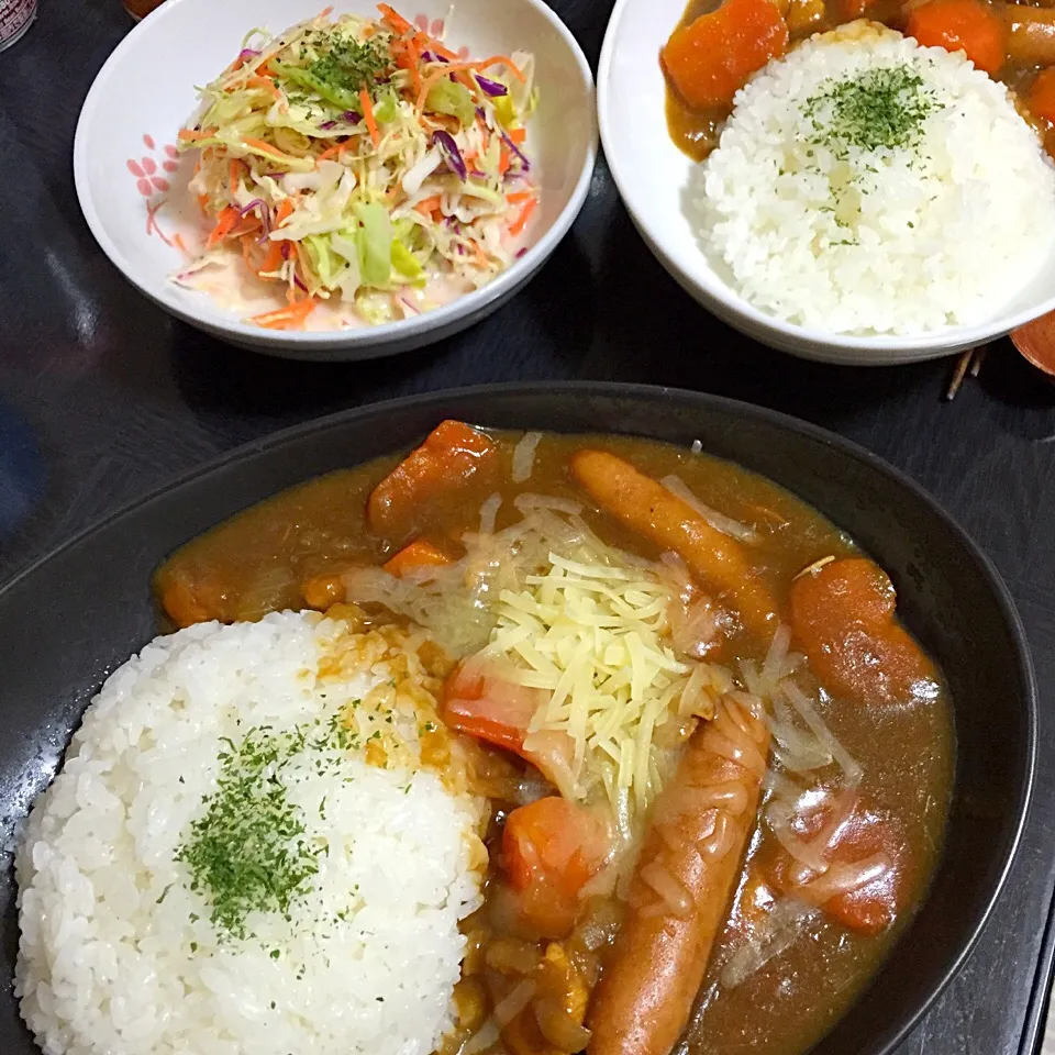 鶏肉とウインナーのカレーライス、コールスローサラダ。|ゆえさん