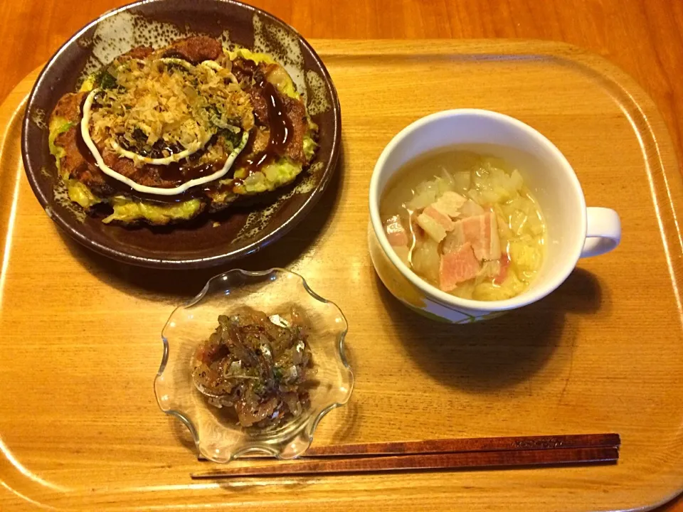 お好み焼き豚天、鯵のサムジャン和え、白菜ベーコンスープ|yuyusuzuさん