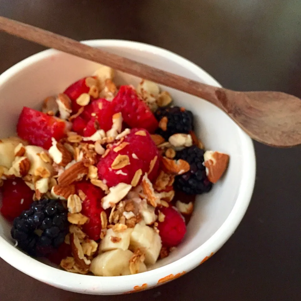 Fruit and Apple sauce bowl topped with granola and almonds|victoria valerioさん