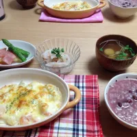 Snapdishの料理写真:えびグラタンと小豆がゆ|まゆみこさん