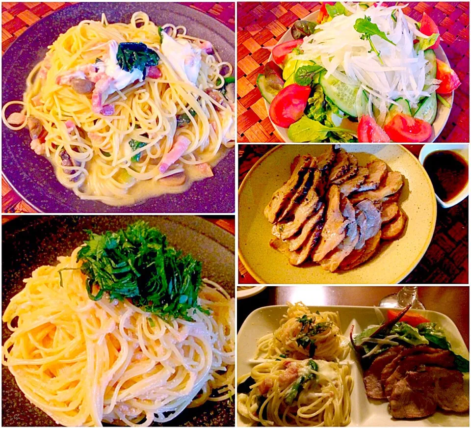 Today's Dinner🍴ﾊﾟｽﾀ2種･ﾛｰｽﾄﾎﾟｰｸby chef hubby ｻﾗﾀﾞ|🌈Ami🍻さん