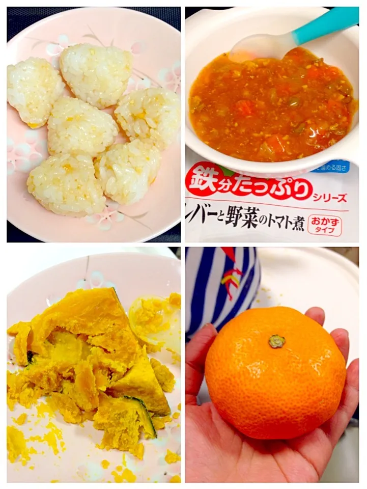 150225SOU離乳食夕／明治「鶏そぼろのもと」おにぎり＆明治FBレバーと野菜のトマト煮＆栗かぼちゃ＆みかん|ponnaoさん