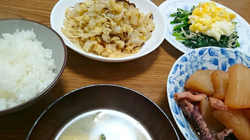 Snapdishの料理写真:・イカ大根
・白菜と塩昆布のおかか和え物
・ほうれん草としらすの炒めもの
・揚げと葱の味噌汁|ようかんさん